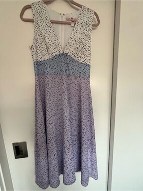 Hutch White, Blue and Lavender Sleeveless V-Neck Midi Dress